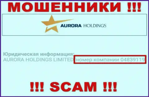 Рег. номер мошенников Aurora Holdings, найденный на их официальном сайте: 04839119