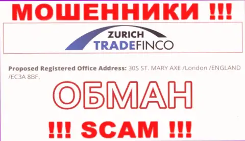 Поскольку адрес регистрации на интернет-портале Zurich Trade Finco ложь, то в таком случае и совместно сотрудничать с ними очень рискованно