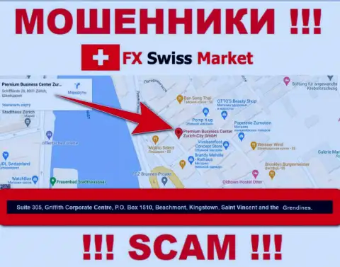 Контора FX SwissMarket указывает на портале, что находятся они в офшоре, по адресу - Suite 305, Griffith Corporate Centre, P.O. Box 1510,Beachmont Kingstown, Saint Vincent and the Grenadines