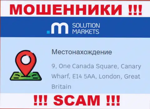 На онлайн-ресурсе SolutionMarkets нет реальной информации об адресе компании - МОШЕННИКИ !