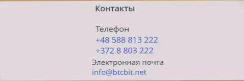 Номера телефонов и е-мейл организации BTC Bit
