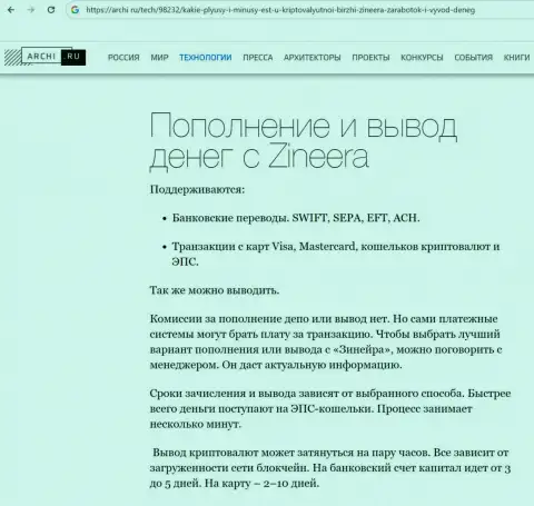 О разнообразии вариантов вывода вложенных средств в компании Зиннейра Эксчендж идет речь в обзоре на веб-ресурсе archi ru